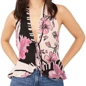 NWOT FREE PEOPLE Tie Front Top Sz S Boho Tank Top Pink Black Floral Top Womens